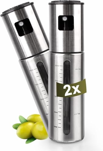 SINZONeu® Set 2x100ml Pulverizador Aceite Acero Inox,Frasco con Ventana Medidora, Nebulización Fina de Alta Presión,Estanco & Desmontable Fácil