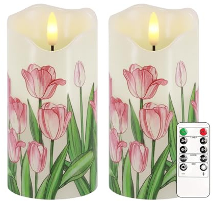 AVEKI Set di 2 candele natalizie senza fiamma, 15,2 x 7,6 cm, senza fiamma, con telecomando e timer, dimmerabili, in vera cera, a batteria, decorazione per la casa (tulipano)