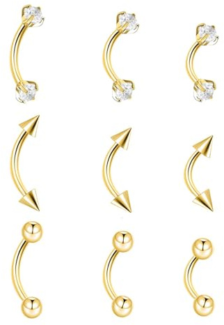 9 st guld ögonbryn piercing smycken titan, rocksmycken guld kirurgiskt stål silver ögonbrynsringar för kvinnor män CZ liten labret läpp daith navelnavel helix tragus piercing smycken 16 g