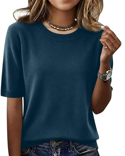 Pull Femme Chic Et Elegant D'Été pour À Manches Courtes Haut en Tricot Couleur Unie Léger Élégant Col Rond Décontracté Printemps Été Pullover Tops
