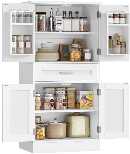 Hzuaneri Credenza Cucina, Mobile Alto da Cucina, 4 Ante, 1 Ampio Cassetto Grande, Scaffale Portaoggetti Dietro la Porta, 40 x 60 x 120 cm, Moderno, Cucinas, Soggiorno, Bianco PT20003X