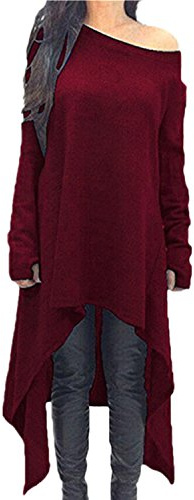 ZANZEA Vestido de Jersey de Punto asimétrico de Manga Larga Suelta de Primavera Casual Sexy para Mujer Talla Grande Vino Rojo Medium