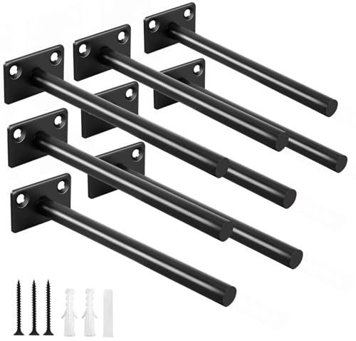 8 Pcs 6 Black Solid Steel Floating Shelf Bracket Blind Shelf Supports - Hidden Brackets for Floating Wood Shelves - Concealed Blind Shelf Support – Screws and Wall Plugs Included