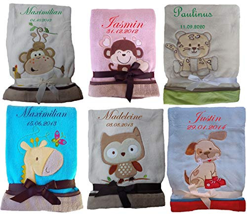 Babydecke Motiv Eule, Hund, Affe, Giraffe, Leopard mit Namen bestickt Geschenk Baby Taufe Geburt (beige Eule)