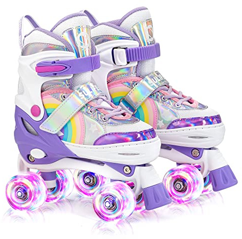 SULIFEEL Rainbow Unicorn 4 Size Adjustable Light up Roller Skates for Girls Boys for Kids Purple Medium