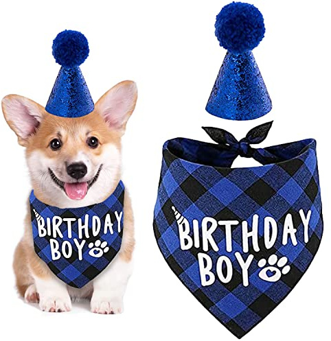 Pañuelo de cumpleaños para Perro, Suministros de Fiesta de cumpleaños para Mascotas, Bufanda para Perro con Bonito Sombrero de cumpleaños para Perros pequeños y medianos, Disfraces de Gatos (Azul)