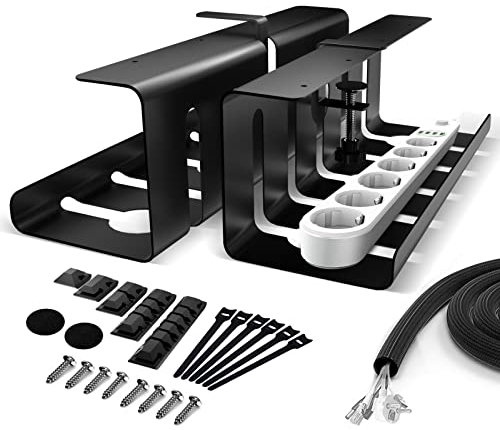 Lannvan Bandeja Organizador Cables Escritorio - Juego de 2 Organizador de Cables sin Taladros - Cable Management - Recoge Cables Mesa Escritorio - 40cm Soporte de Cables - Negro