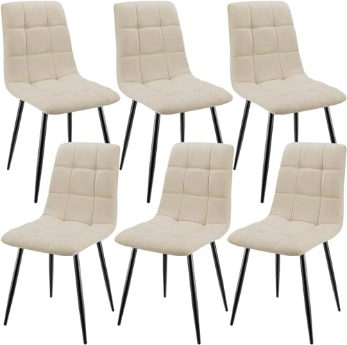 JIJIAN Pack de 6 Sillas de Comedor, Sillas de Cocina Tapizadas de Lino con Patas de Metal Negro, Acolchadas con Diseño de Cuadros, para Cocina, Dormitorio y Recepción, Beige