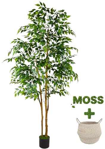 Warmplants Artificial Ficus Tree, 7ft Silk Fake Ficus Leaves Plant with Basket, Indoor Outdoor Faux Green Tree for Home Garden Office House Livingroom Décor
