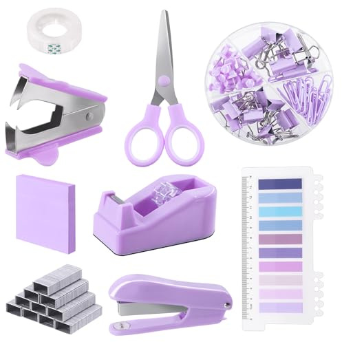 Glarks 1008pcs Purple Office Supplies set accessoires de bureau, y compris agrafeuse, distributeur de ruban adhésif, agrafeuse démonteuse, étiquette d'index, ciseaux de bureau, signet