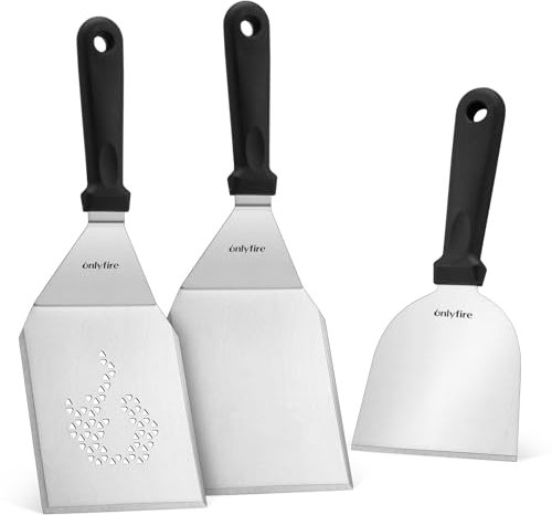 Onlyfire Kit de Espátulas Profesionales para Barbacoas, Espátula para Plancha de Acero Inoxidable, Espátula Perforada para Plancha y Rasqueta, Smash Burger Kit para Asar, Cocinar y Limpiar