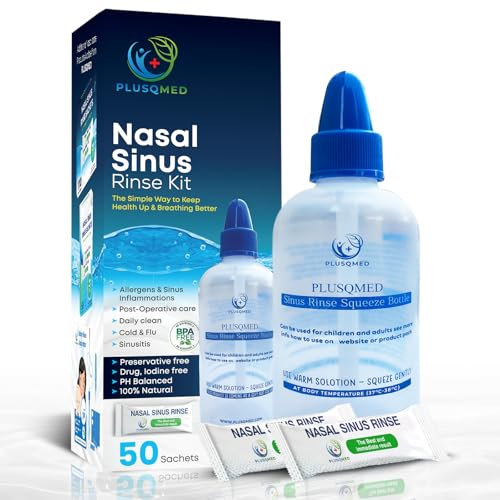 Kit de enjuague sinusal con botella exprimible y 50 sobres de sal, lavado nasal para adultos y niños, riego nasal natural para aliviar la congestión, limpiador de senos nasales