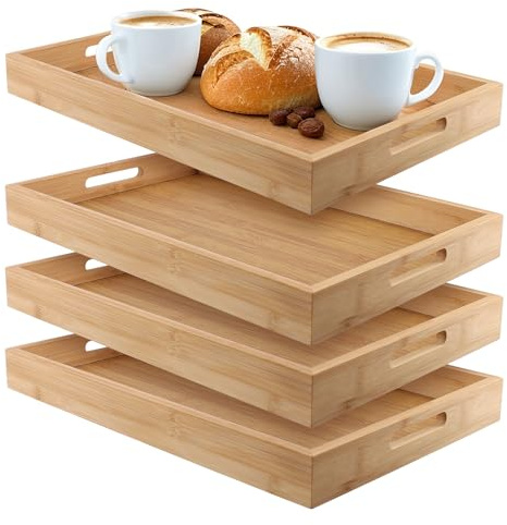 MAHIONG 4 st 38 x 25 x 4 cm bambu serveringsbrickor, rektangulär träbricka med handtag, träfat för frukost, mat, middag