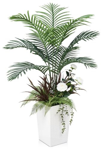 VeriNatural Kunstpalme Groß 120 cm Künstliche Pflanzen – Tropische Kunstpflanze mit 5 Pflanzenarten im Weiß Topf, UV-beständig & Naturgetreu – Deko Palme für Wohnzimmer Balkon Büro Garten, VN148
