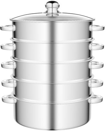 5-våningar rostfritt stål ångkokare 28 cm för induktion och gasspis, diskmaskinssäker, värmebeständiga handtag och näringsbesparande (silver)