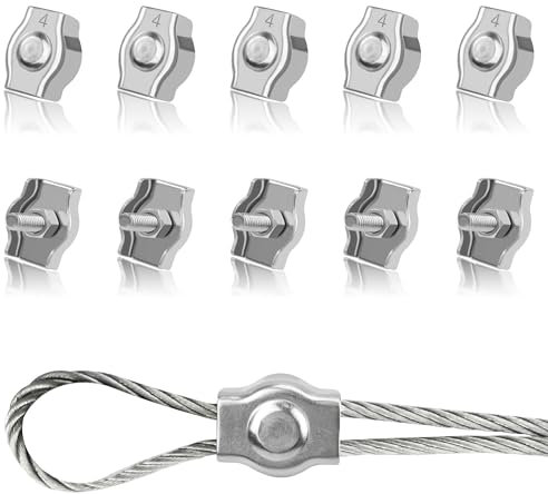 Tunejoy Abrazadera de Cuerda de Alambre M4 Abrazadera de Cable de Acero Inoxidable 304 para la Fijación del Tendedero Suspensión de la Vela Solar 10 Piezas