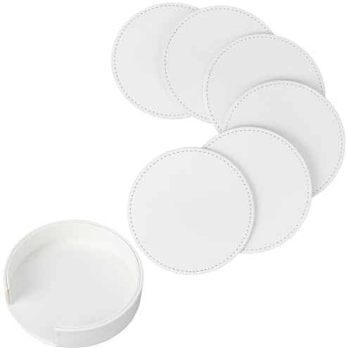 CALFOVERA 6 Posavasos Redondos de Cuero Sintético Blanco de 10cm, con Base Antideslizante Y Aislamiento Térmico, Hechos A Mano, para Tazas de Café, de Vidrio Y Bar.