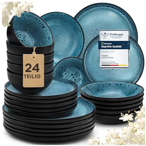 Twinzee 24 Vaisselle et Arts de la Table Azur - Compatible Micro-onde - Assiettes Service de Table Riviera Collection