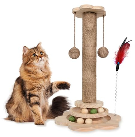 Kongming 4-i-1 kattleksak av trä, katt sisalrep klösträd med hängande boll, interaktiv kattleksak med klösträd för katter med kattmynta bollar (29 x 46 cm)