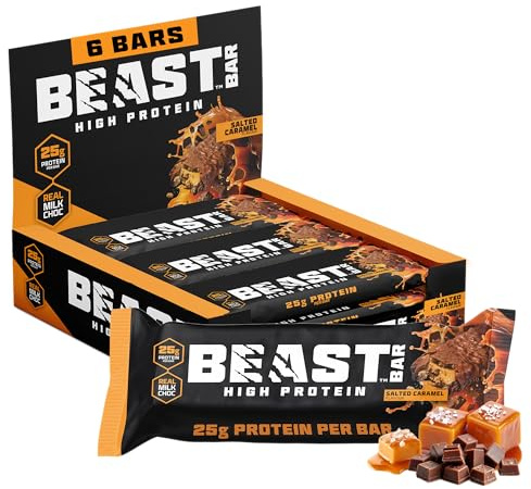 Beast Bar 6x Giant High Protein Bars - 25g Protein per 80g Bar - Salted Caramel Flavour with Real Milk Chocolate - Nutrition Snacks Multipack
