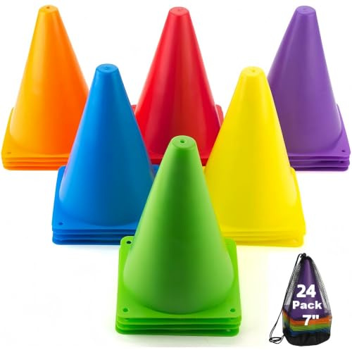 24 Pack Training Cones 18cm (7 Inch) Flexible Football Cones & Sports Field Space Markers, Multi Colour Plastic Agility Cones for Kids PE, Rugby, Skating, Dog Training Equipment with Stake Holes