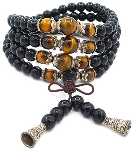 Pulsera mala budista budista tibetana de obsidiana 108 perlas 6 mm, obsidiana