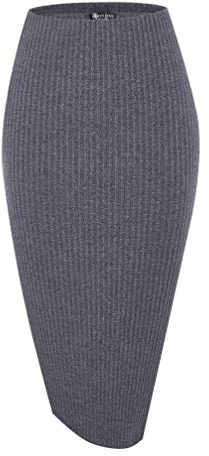 Urban CoCo Women's High Waist Stretch Ribbed Knit Pencil Skirt Midi Length with Side Slit Office Work Bodycon Style Deep Gray