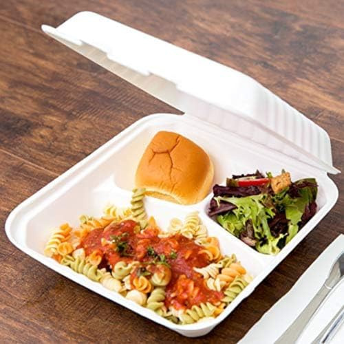 HOT BARGAINS Bagasse Food Container 9 x 9 inch 3 Compartment Box, Pack of 200, White, Biodegradable