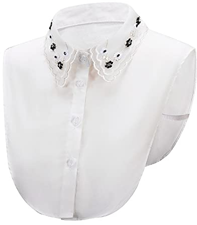 NiceYnn Faux Col Amovible pour Femme et Fille Demi-Chemise | Dentelle Transparent Broderie Cristal Perles avec Boutons Fleurs Col Revers Blouse pour Sweater Pull Robe