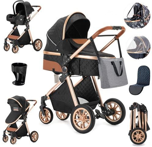 Zkiprm Passeggino 3 in 1, Passeggino Leggero Che Si Ripiega Premendo un Pulsante，Trio Passeggino Neonati Con Seggiolino Auto e Cestino Per Dormire, Passeggino Combinato Con Telaio Alto in Alluminio