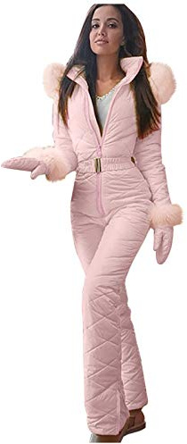 IQYU Skiddräkt för kvinnor, overaller i ett stycke, vattentät overall, vinter, skidoverall, varm, utomhus, snö, overall, lång overall med huva och dragkedja, skiddräkt, snowboardjacka, ROSA, S