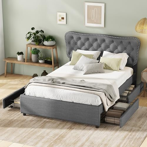 LATICO Doppelbett 140x200 cm Polsterbett mit 4 Schubladen Stauraum, Podestbett Bettgestell mit Lattenrost, Bett mit Stauraum, Jugendbett Stauraumbett Rückenlehne Bett, Ohne Matratze, Leinen (Grau)