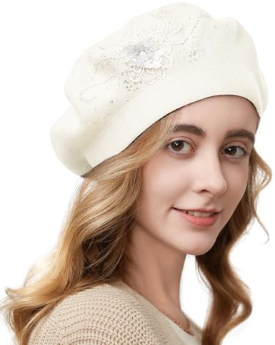 Gajaous Blumenstickerei Baskenmütze für Damen, Französische Stil Strickbaskenmützen, Stilvolle Unifarbe Baskenmütze für Frauen Damen