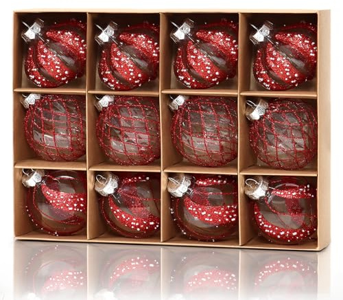 DEMIUKO Weihnachtskugeln Rot 12er Set, 8CM Christbaumkugeln Groß Glitzer Baumkugeln Kunststoff Christbaumschmuck Bruchsicher Plastik Weihnachts Anhänger Ornamente für Party Feier Weihnachtsbaum Dekor