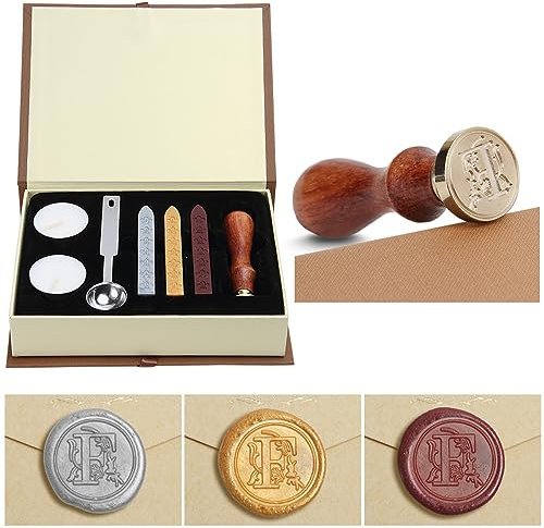 Siegelwachs Gold Set,Prägestempel Antique Wachsstempel personalisiert Initial Letters Alphabet Set Gift with Vintage Wooden Handle and Brass Color Head, Siegelstempel-Wachsset, Geschenkbox (F)