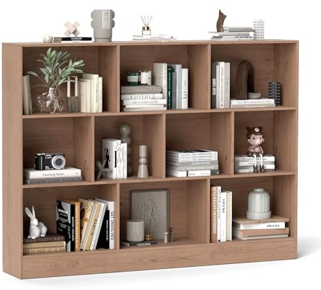 COSTWAT Libreria a 10 Cubi, Organizzatore di Stoccaggio a 3 Ripiani con 2 Kit Anti-Ribaltamento, Scaffale Multiuso in Legno per Soggiorno Camera da Letto Ufficio, 140x24x104 cm (Naturale)