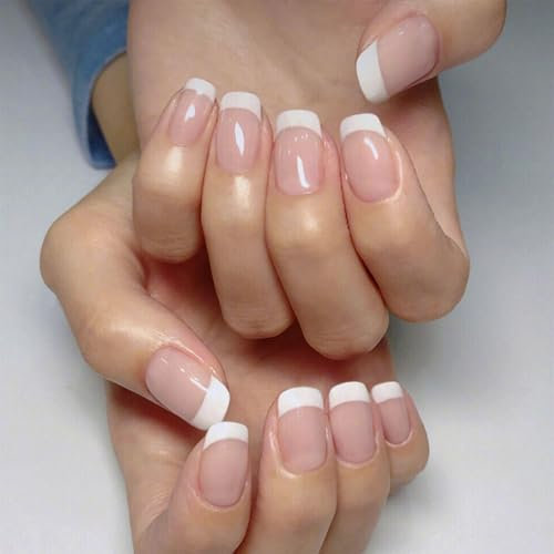 LunarCharm 24 pezzi di unghie francesi, unghie finte quadrate bianche naturali nude con colla per unghie, unghie artificiali acriliche naturali con punta bianca