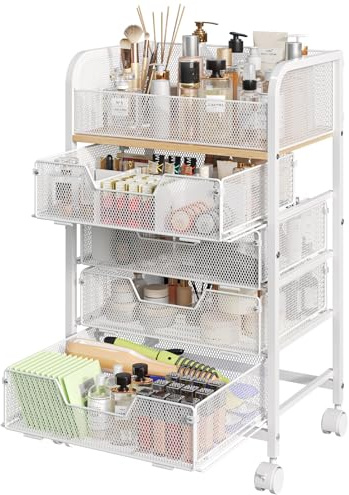 Hongtamoya Makeup Cart Organizer with 4 Drawers, Large Floor Skincare Organizers, Vanity Storage Organizer Cosmetics Display Cases for Skin Care Perfume Nail Polish, White