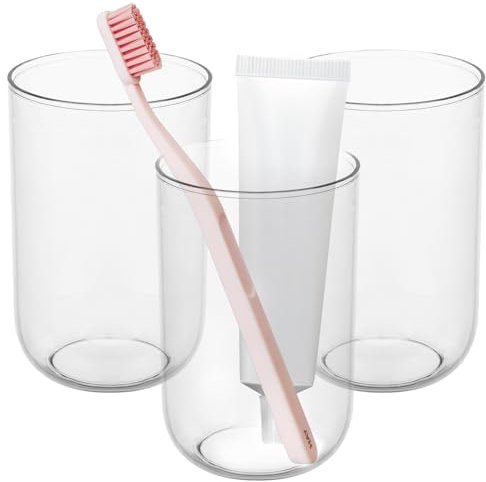 NiHome Toothbrush Holders for Bathrooms 3 Pcs, Plastic Reusable Bathroom Tumbler Toothbrush Cups, 13.5oz Unbreakable Mouthwash Cups Easy to Clean (Clear)