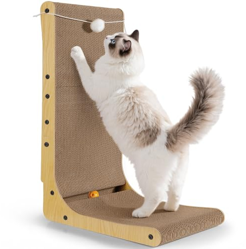 Gimars Griffoir Chat Carton en Forme de L 68cm, Épais avec Boules en Peluche et à Grelot, Grande Taille à Fixer au Mur, Jouet pour Protéger Meubles