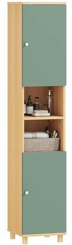 HOMCOM Tall Bathroom Cabinet, Freestanding Slim Bathroom Storage Cabinet with 2 Doors, Adjustable Shelves and Open Shelves, 30 x 30 x 166 cm, Green