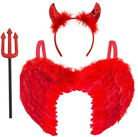 M&A PEAKS Adults 3 Pcs Feather Wings Sequin Devil Horns Headband & Devil Pitchfork Set, Womens Girls Halloween Cosplay Trident Costume accessory Sets, (Red Wings + Devil Horns Headband & Folk)