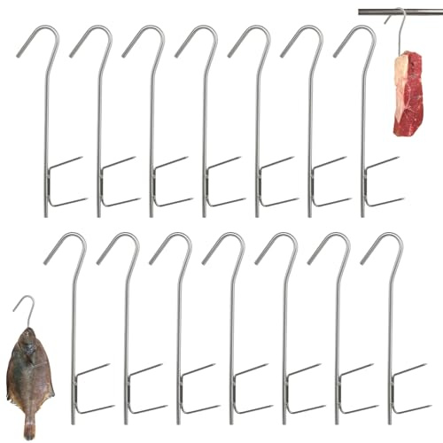 14 Stück Räucherhaken, Fleischerhaken Edelstahl Fleischhaken H-Form 21cm Silver Profi, Groß Fleischerhaken für Fleischverarbeitung Räuchern Fisch Forelle Lachs