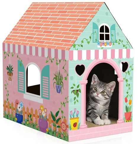 Cinrobiye Cardboard Cat House with Scratcher Spring Pet Board Bed Cave Playhouse Hideaway Hideout Condo Decor Small Animals Scratch Box for Indoor Cats Kittens Rabbits Bunny
