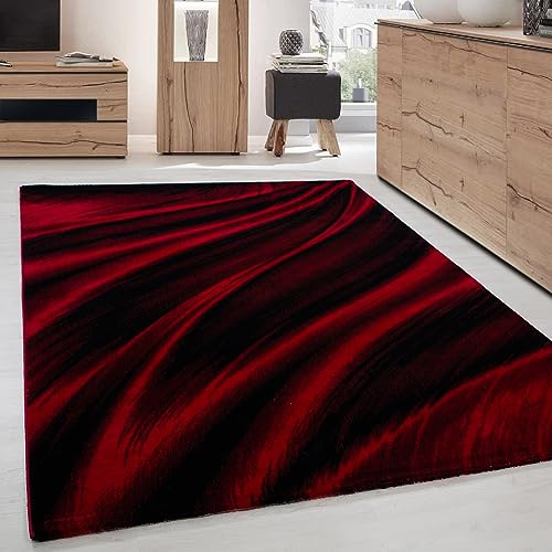 Carpettex Teppich Tapis de salon, à poils courts, 120 x 170 cm, moderne, abstrait, design de vagues, rouge, extra doux, moelleux, lavable, pour cuisine, salle à manger, chambre d'enfant, salon