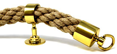 Seilflechter - Corde de Main Courante, Chanvre 5 m, Ø 34 mm torsadée, 2 Embouts + 5 Supports intermédiaires, Laiton Poli