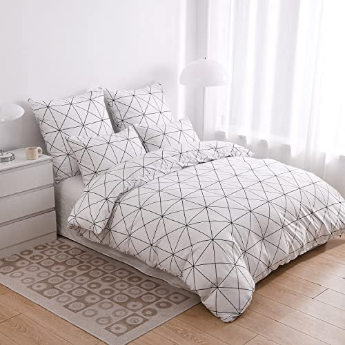 Luofanfei Bettwäsche 200x200 Weiß Kariert Muster Aesthetic Tumblr Bettbezug Doppelbett Set Microfaser 3 Teilig Modern Karierte Schwarz Weißer Bettüberzug 200 200 und 80x80 Kissenbezüge