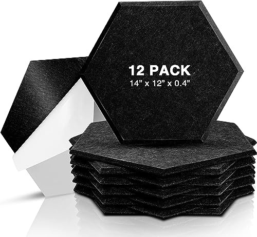 Sonic Acoustics Self-Adhesive 12 Pack Hexagon Acoustic Panels, 14 X 12 X 0.4 High Density Sound Absorbing Panels Sound Proof Insulation Beveled Edge Studio Treatment Tiles-Black