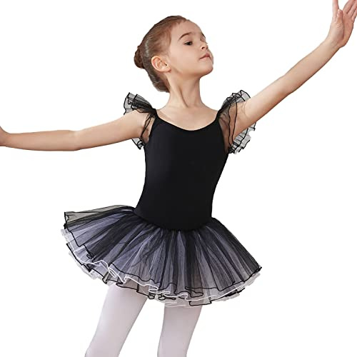 HIPPOSEUS Fille Robe de Ballet Danse Tutu Justaucorps de Ballet Danse Gymnastique Enfants Manches Courtes, Y04-Noir,10-11 Années