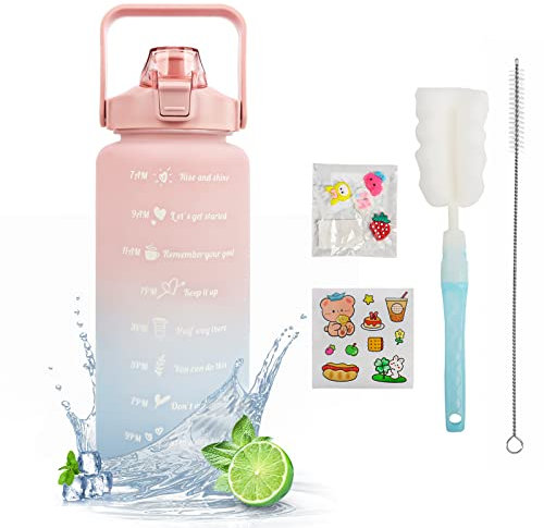 MOMSIV Trinkflasche 2L BPA-Frei, Große Kapazität Auslaufsicher Sport Wasserflasche mit Strohhalm Zeitmarkierungen to Drink & Lock Cover, Tritan-Wasserkrug Sportflasche für Die Fahrrad, Schule, Gym